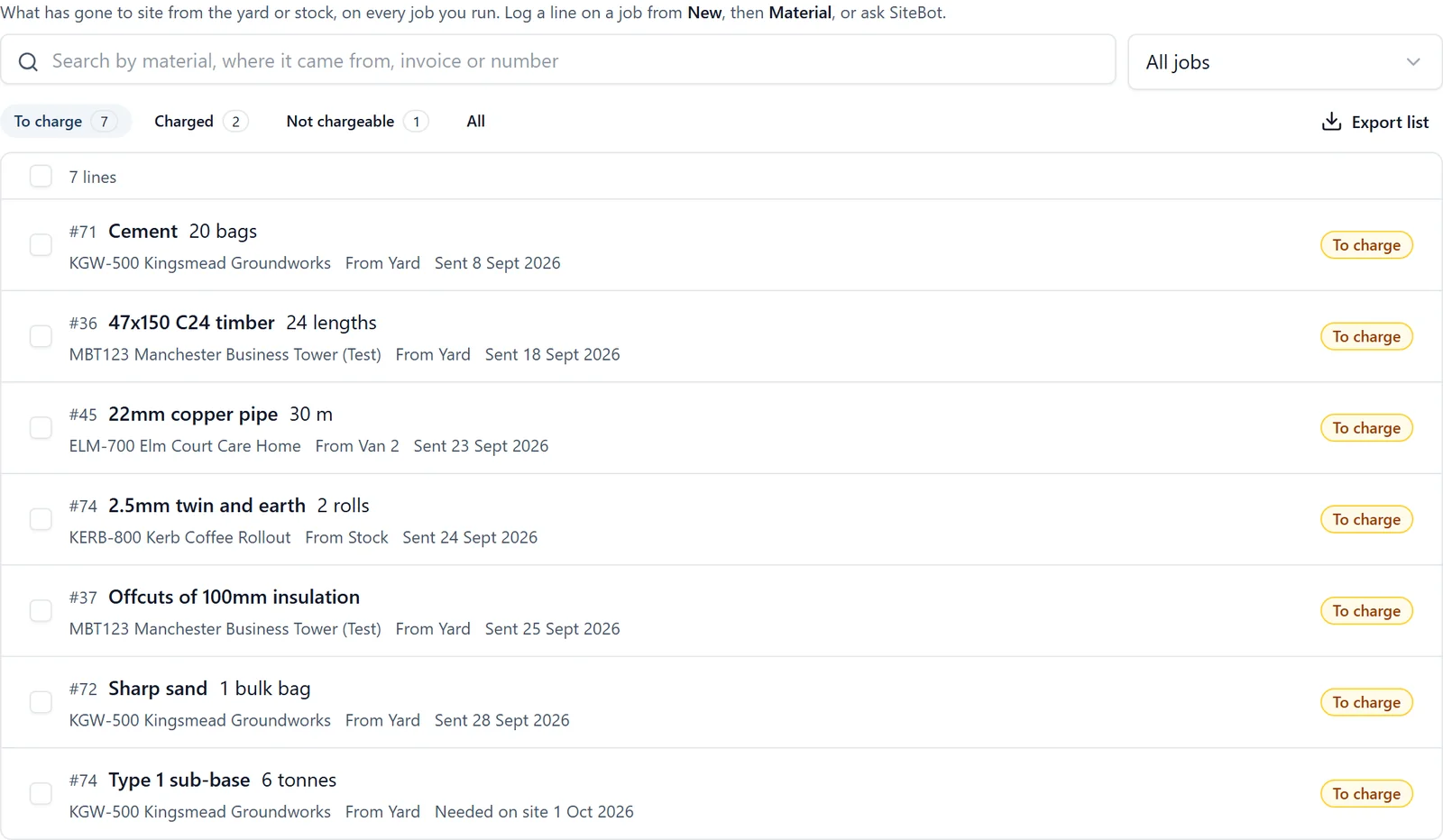 The Materials tab in BuildersAI listing material lines across several jobs that are still to charge