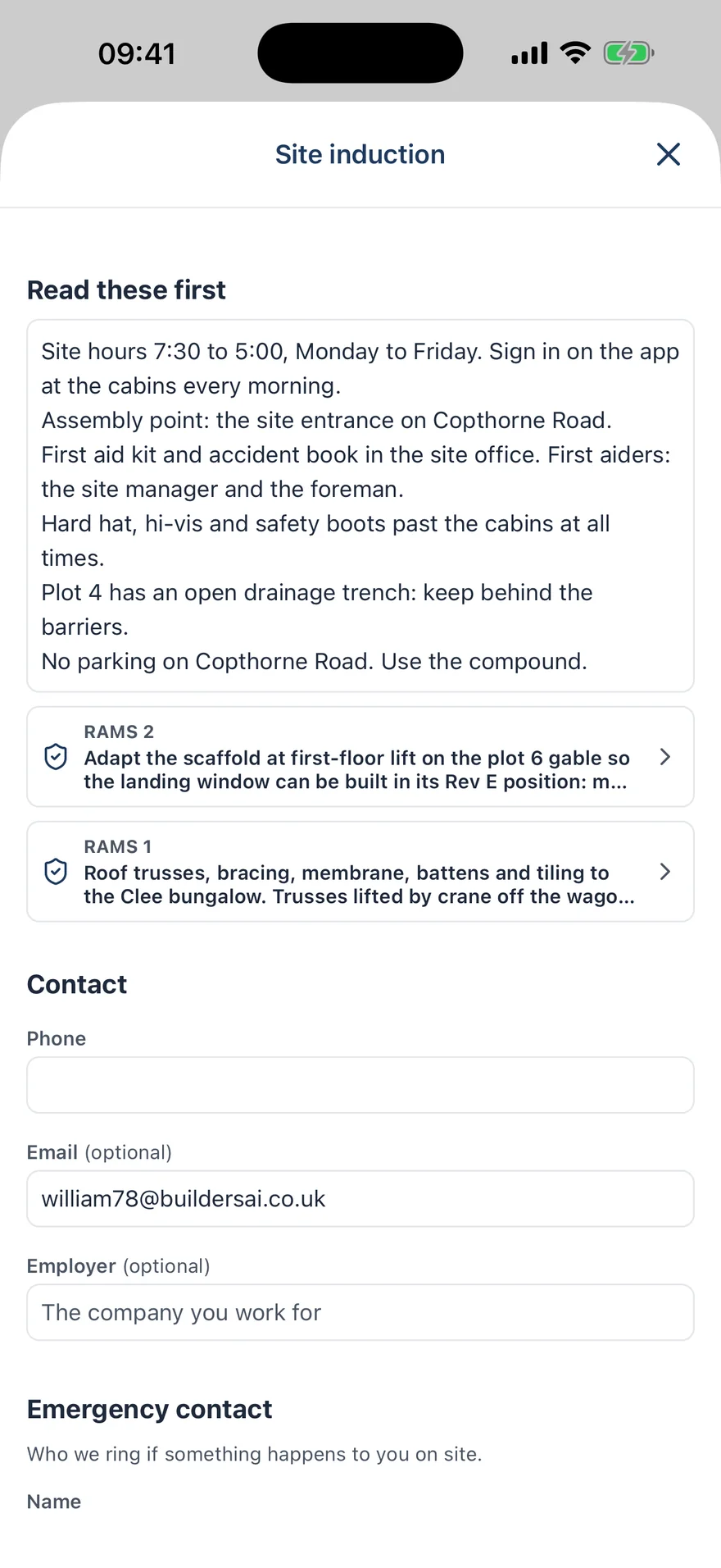 The BuildersAI site induction form on a phone