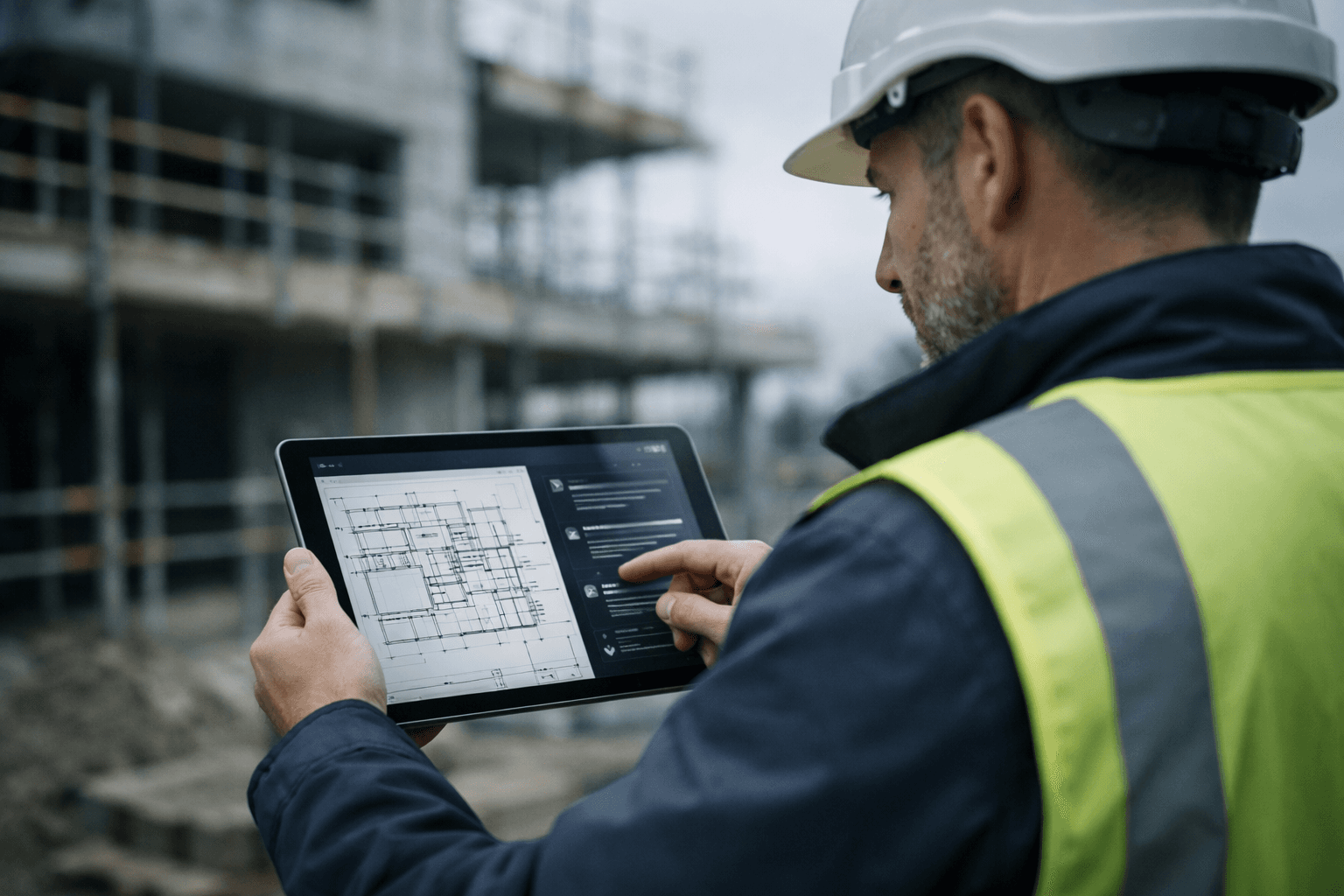 Construction project manager reviewing AI-powered site management software on a tablet at a UK building site