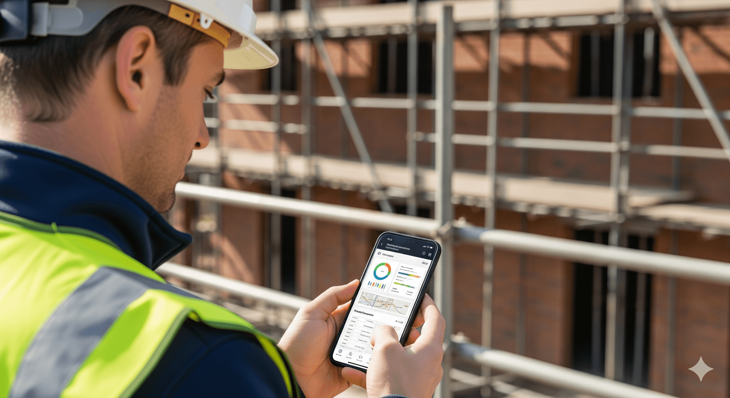 UK construction worker using smartphone app on building site