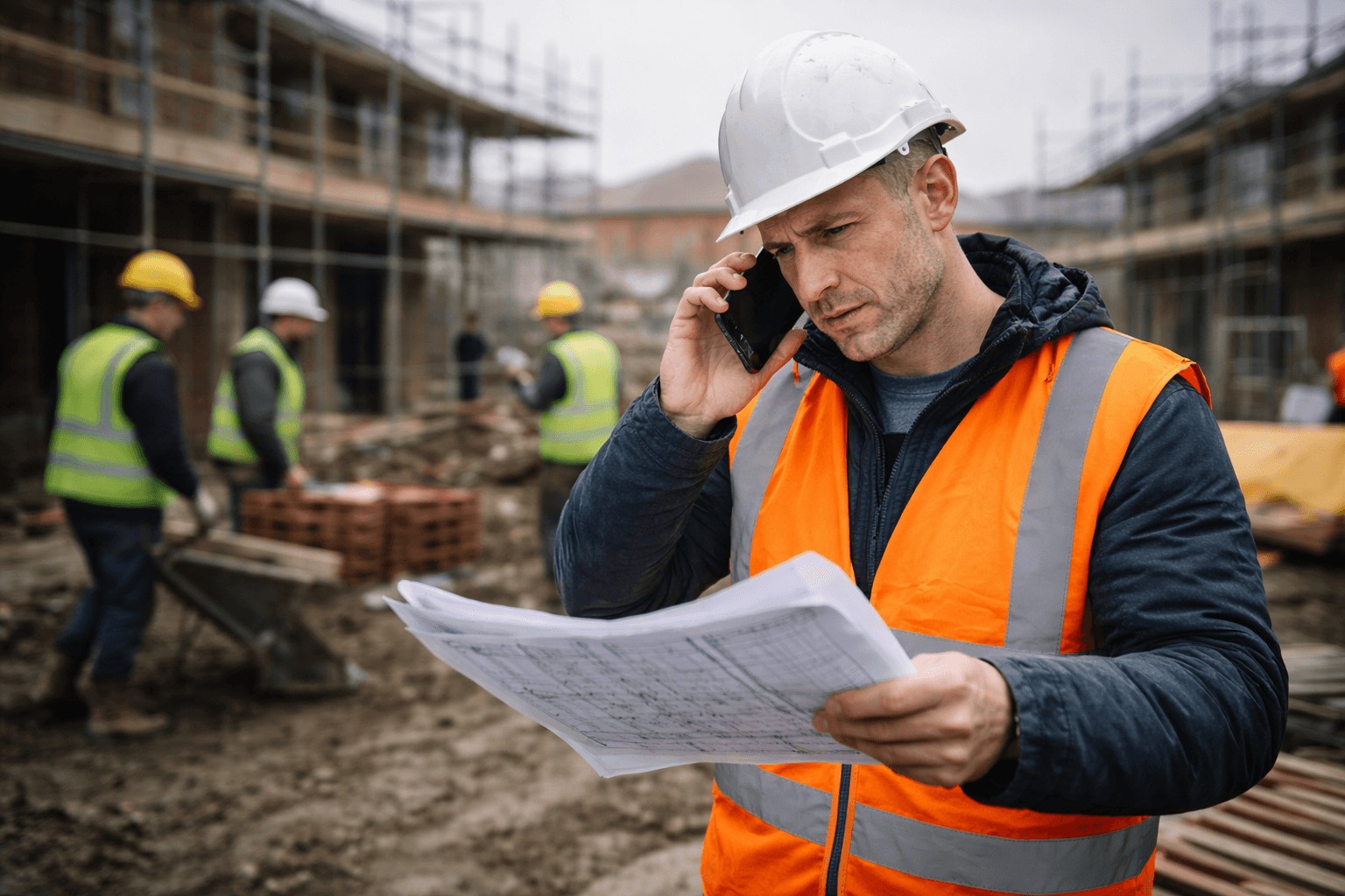 Two UK construction workers in high-vis vests looking at a smartphone together on a building site