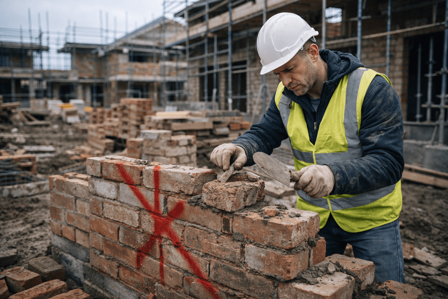 Frustrated UK construction site manager on phone surrounded by paperwork on building site