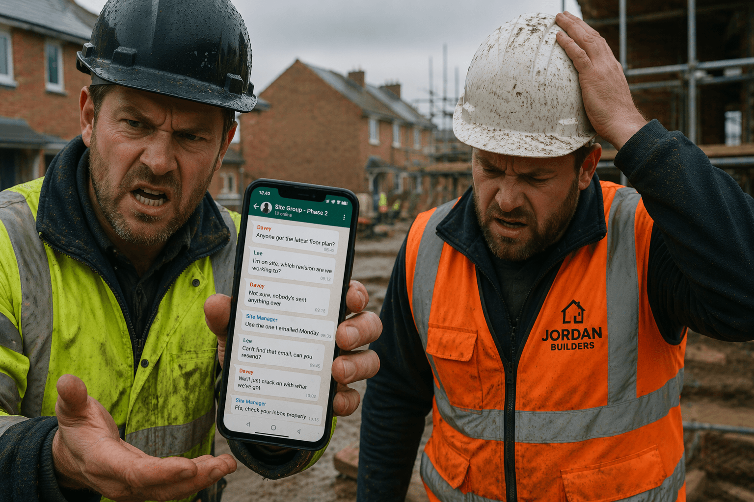 UK construction site manager looking at phone surrounded by WhatsApp notifications