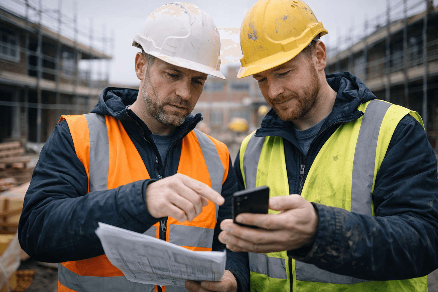 UK bricklayer in high-vis vest dismantling and relaying incorrectly placed brickwork on construction site