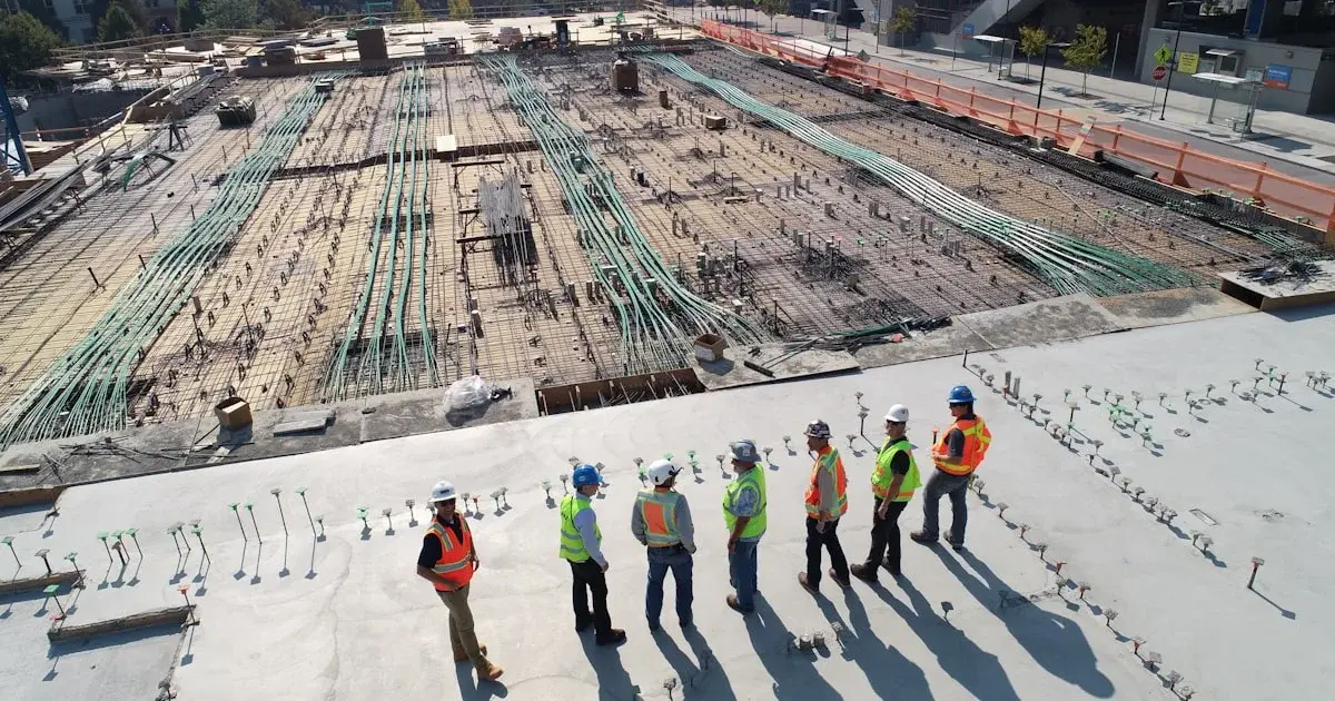 Small construction team using mobile devices and tablets on building site
