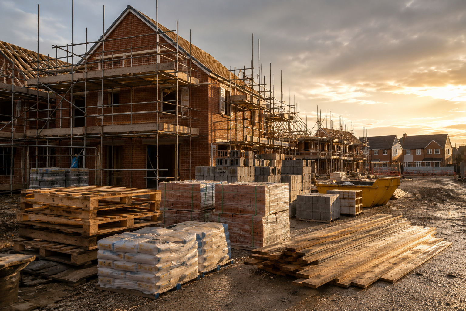 UK residential construction site at golden hour with scaffolding and building materials