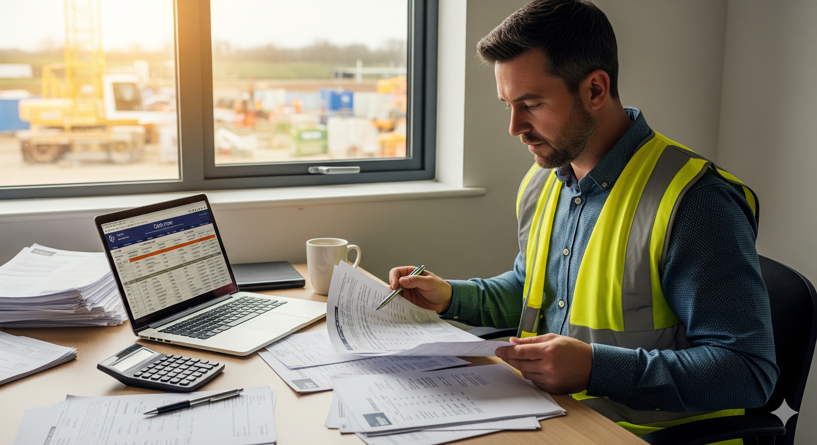 UK construction business owner reviewing financial documents and cash flow forecast