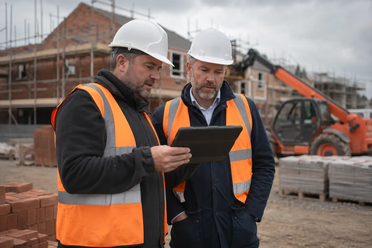 UK construction site manager and director in high-vis reviewing construction management software on a tablet at a building site