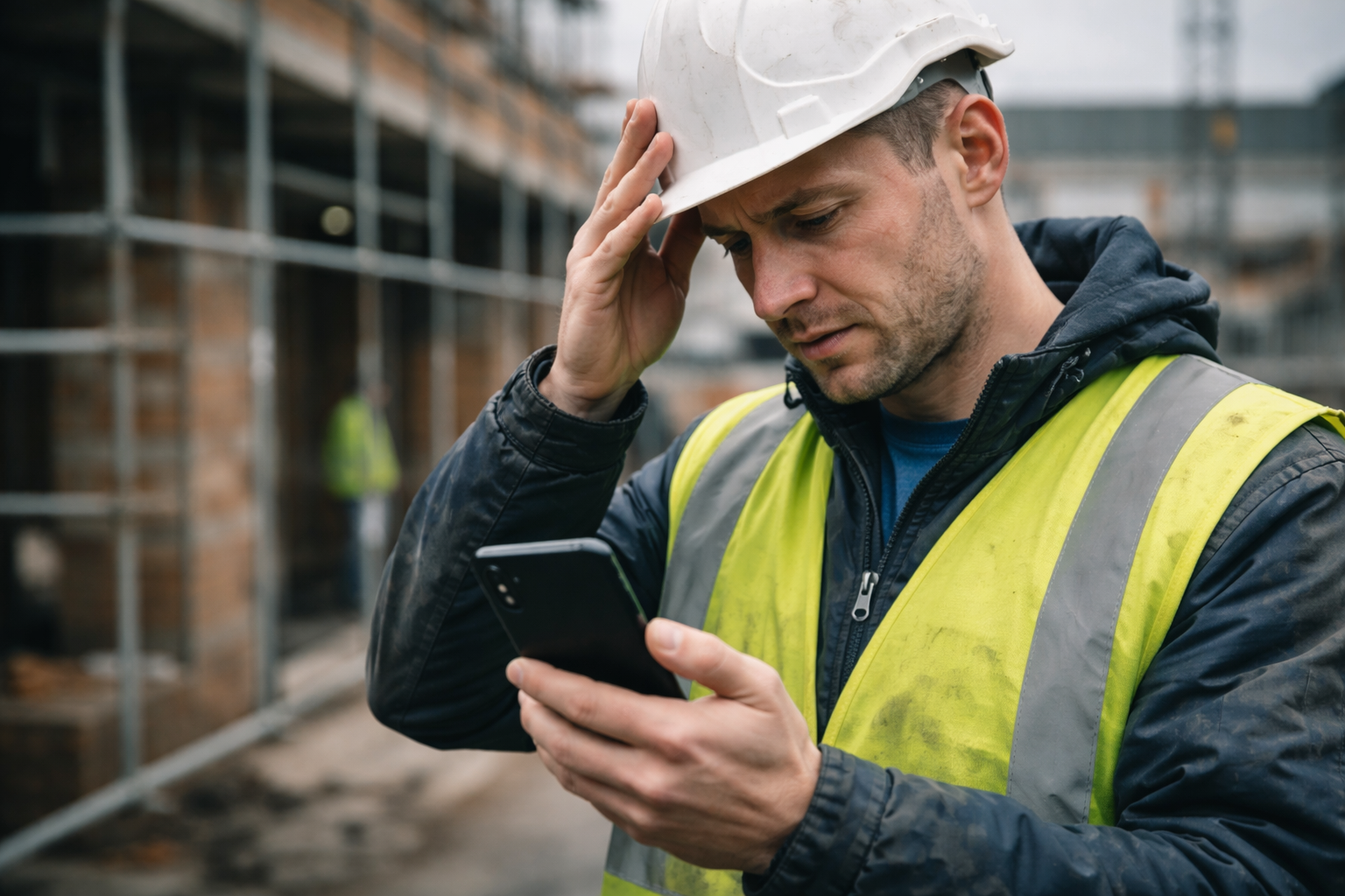 Frustrated UK site manager looking at a phone with hundreds of unread messages on a construction site