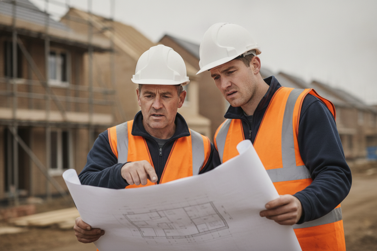UK construction site with workers reviewing drawings, illustrating the cost of rework
