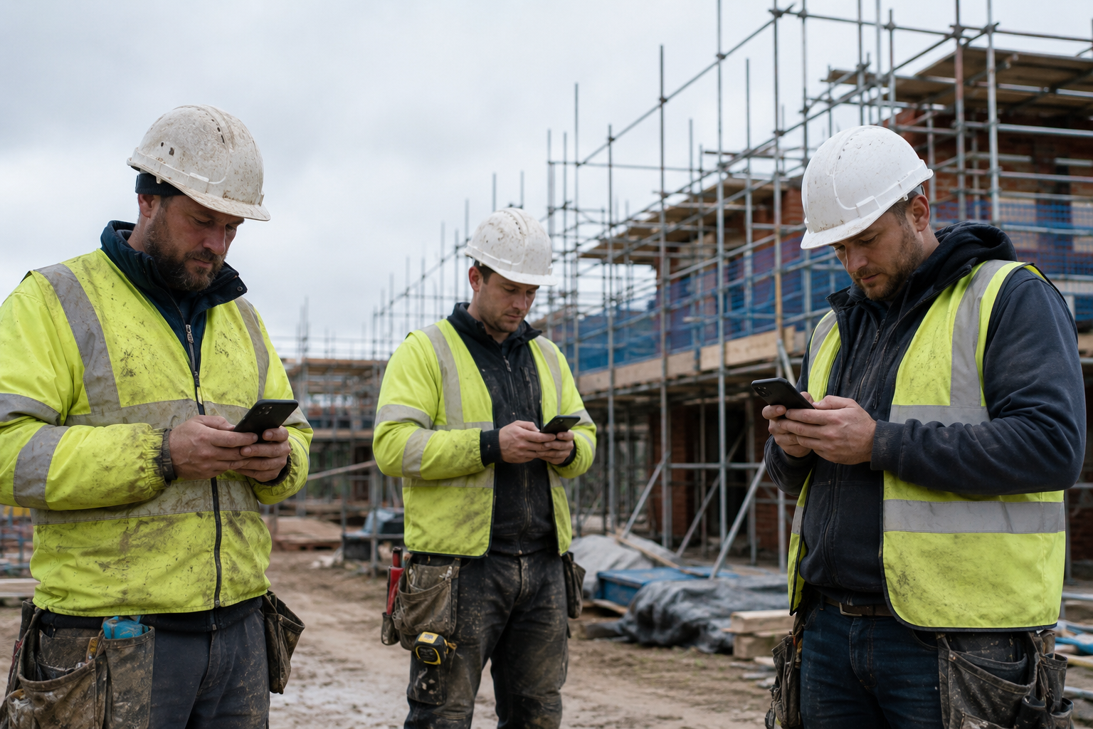 Three UK construction workers on site each using their own smartphone