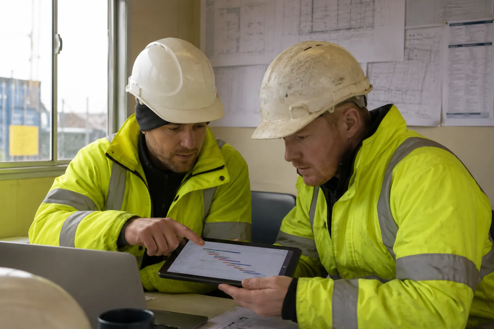 Two UK construction workers reviewing a Gantt chart look-ahead plan on a tablet in the site cabin