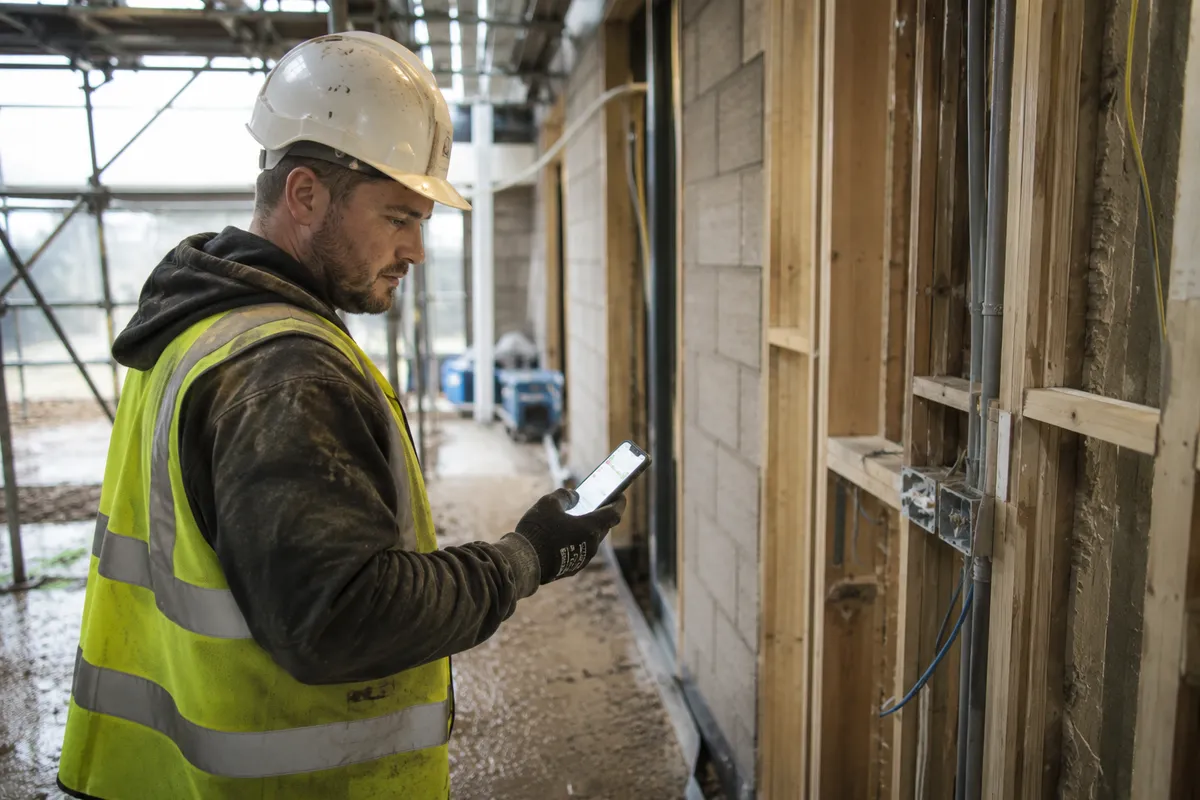 UK tradesperson in high-vis using a construction site management app on a smartphone on site