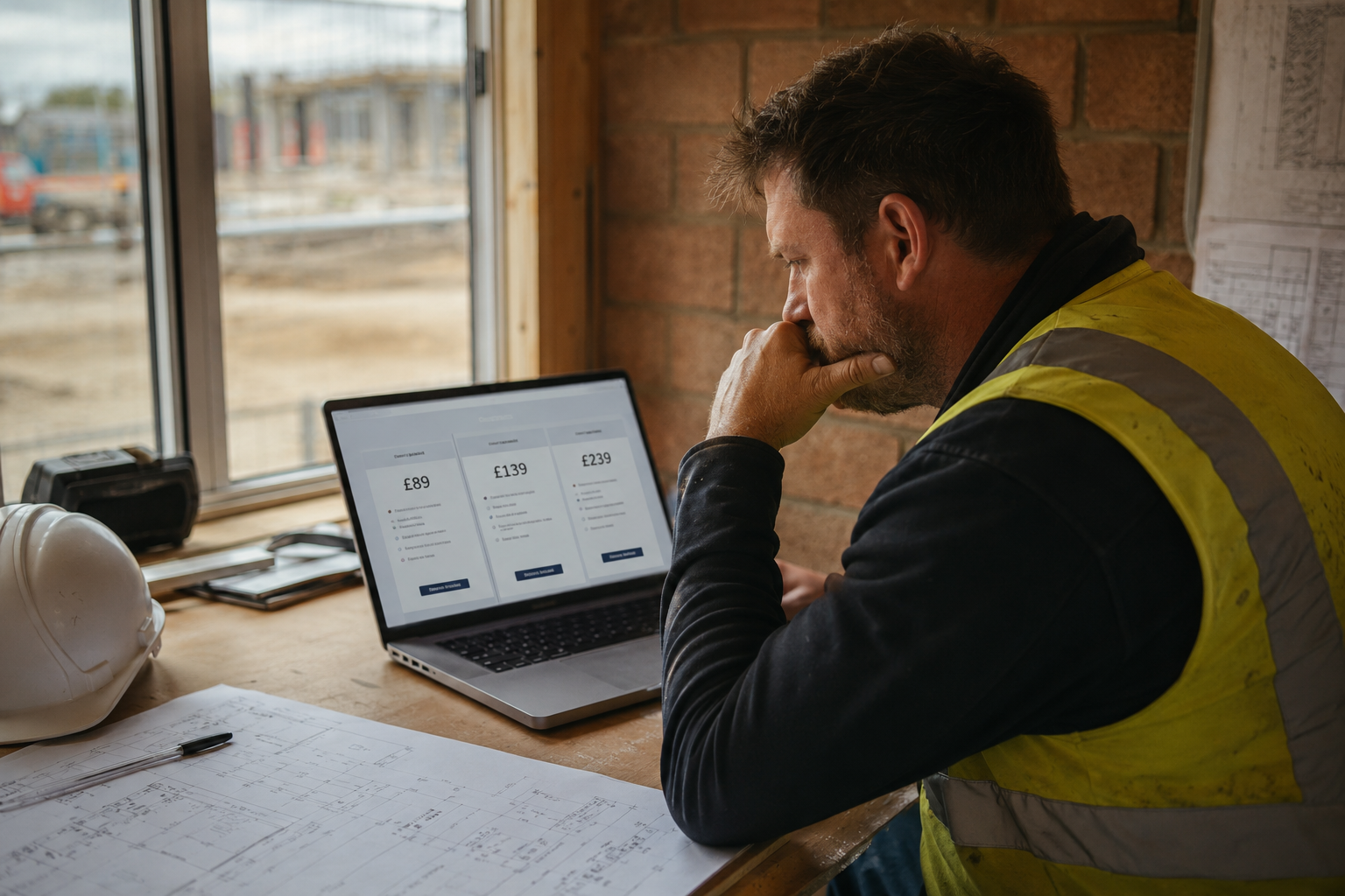 UK construction site manager reviewing software pricing on laptop in site office