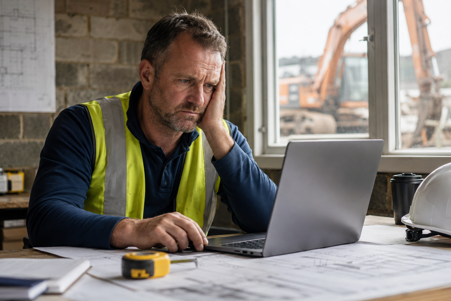 Frustrated UK construction site manager at desk with laptop, excavator visible through window