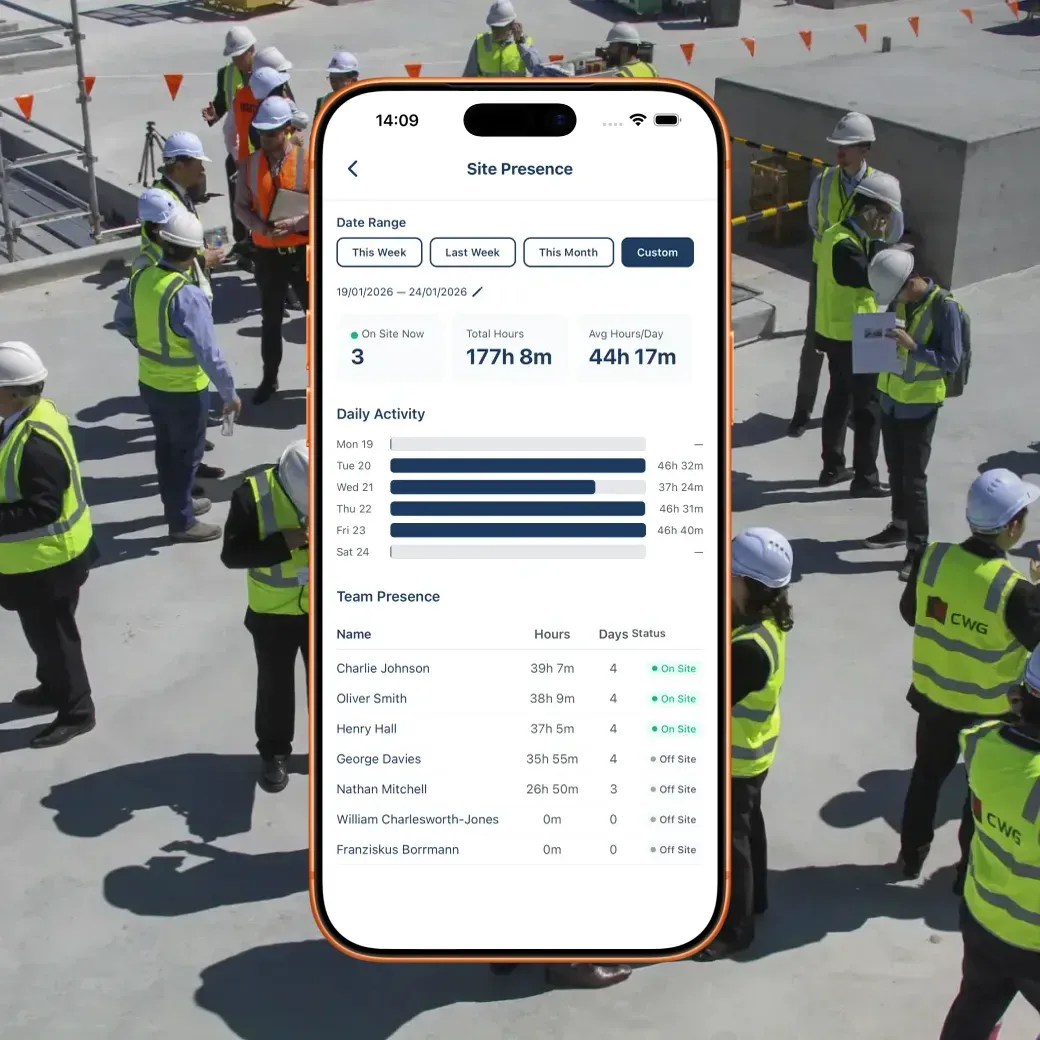 BuildersAI site-presence view on a phone over a construction team huddle