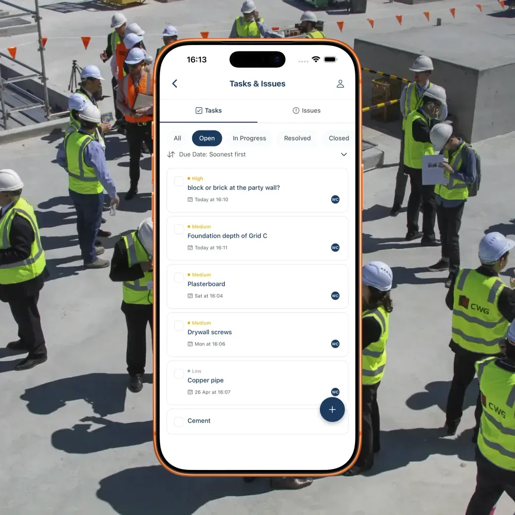 BuildersAI tasks view on a phone over a construction team huddle