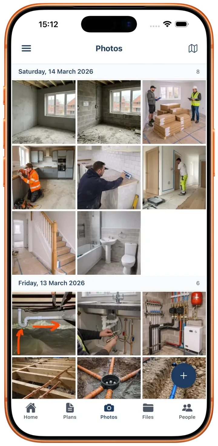 BuildersAI mobile app showing a photo log on a construction site