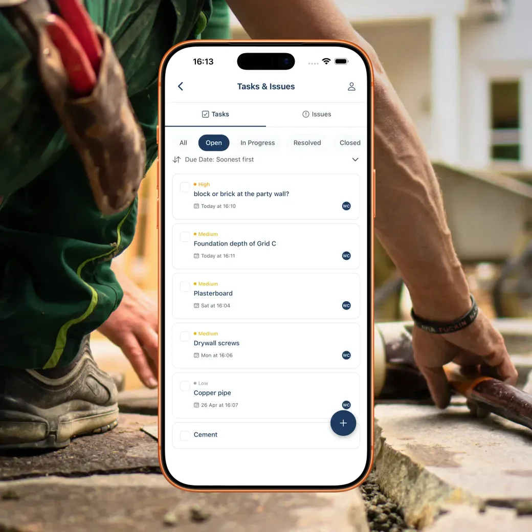 BuildersAI tasks view on a phone over a concrete pour on a construction site