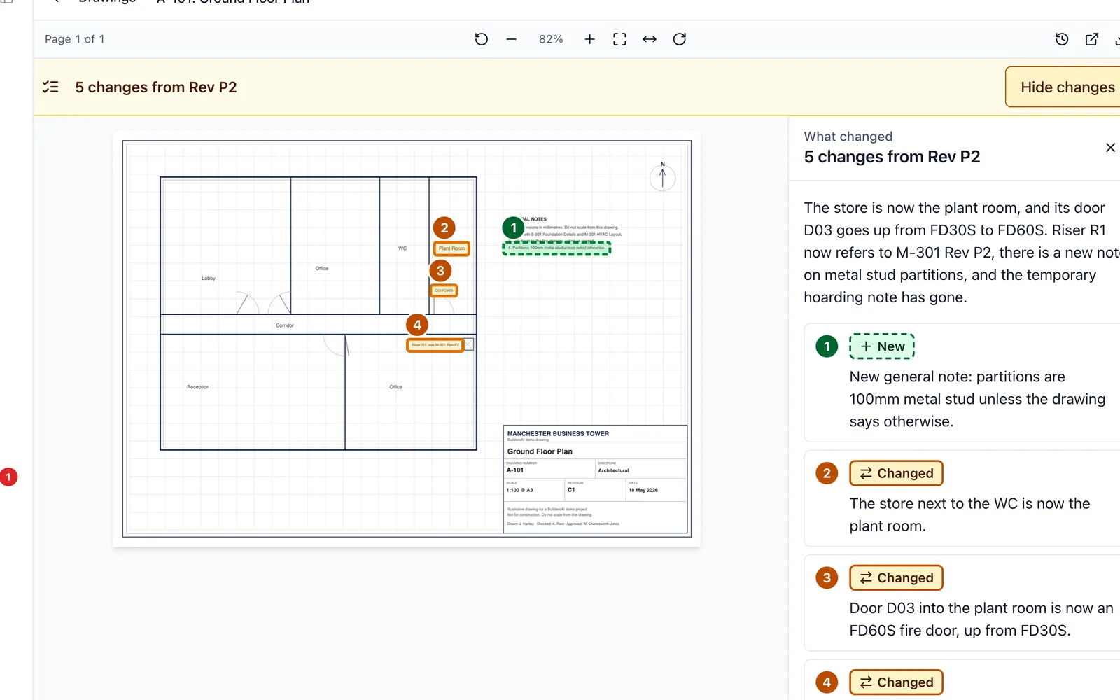 A ground floor plan with five changes from revision P2 marked on the sheet, and a list beside it of what is new and what has changed.