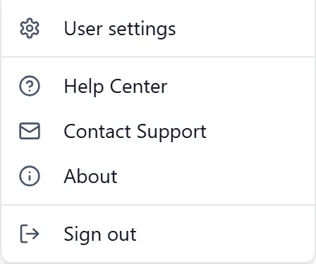 The BuildersAI account menu opened from the avatar, listing User settings, Help Center, Contact Support, About and Sign out.