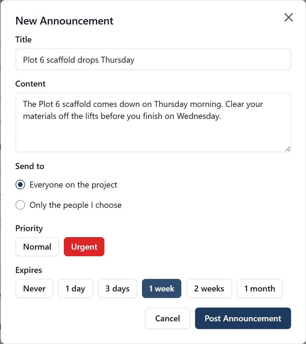 The New Announcement dialog with a title and body typed in, a Send to choice between Everyone on the project and Only the people I choose with Everyone selected, Priority set to Urgent, and an Expires row offering Never, 1 day, 3 days, 1 week, 2 weeks and 1 month with 1 week selected, above Cancel and Post Announcement buttons.