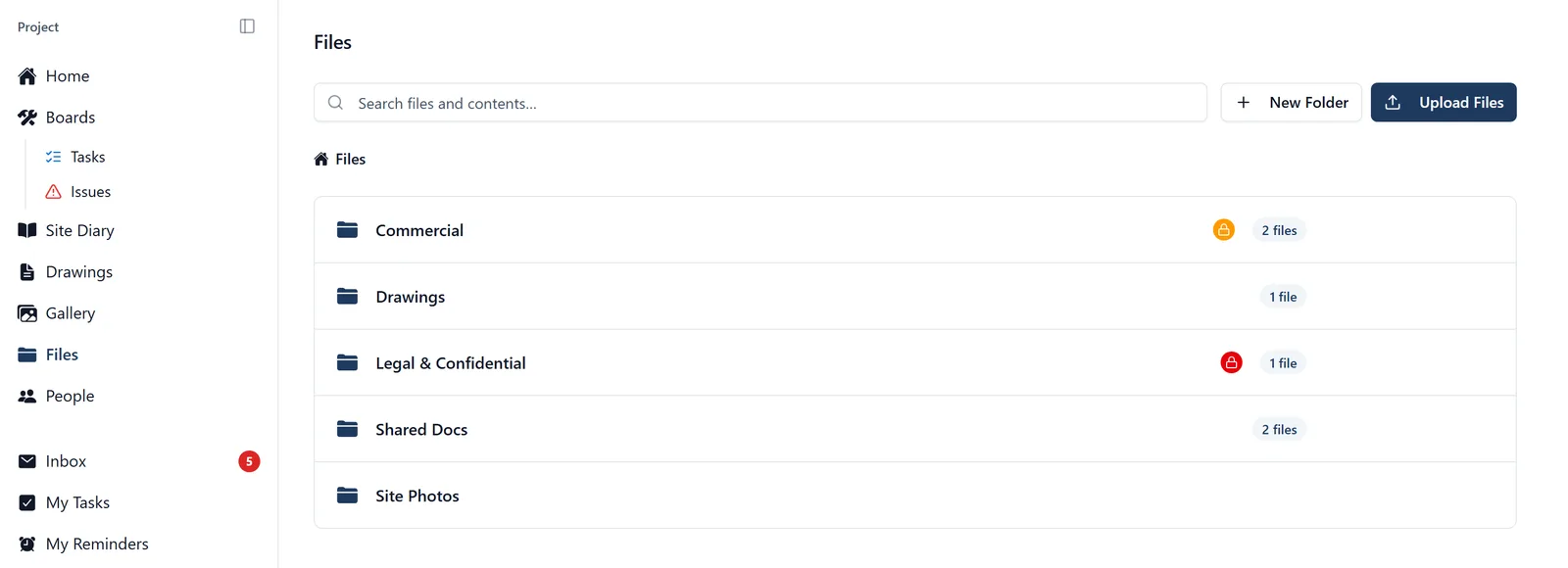 The BuildersAI Files page in a browser, with a search box reading Search files and contents plus New Folder and Upload Files buttons above a list of project folders, where the Commercial folder carries an amber padlock and Legal and Confidential a red one, each row showing how many files it holds.