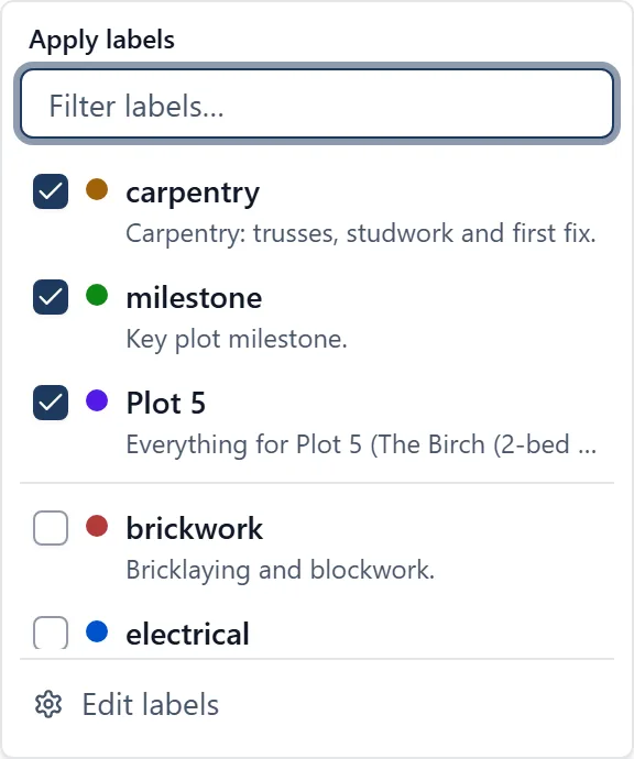 The Apply labels picker in the BuildersAI web app, with a filter box at the top, ticked boxes against carpentry, milestone and Plot 5 which are already on the task, each label showing a colour dot and a line saying what it is for, unticked brickwork and electrical below a divider, and an Edit labels link at the foot.