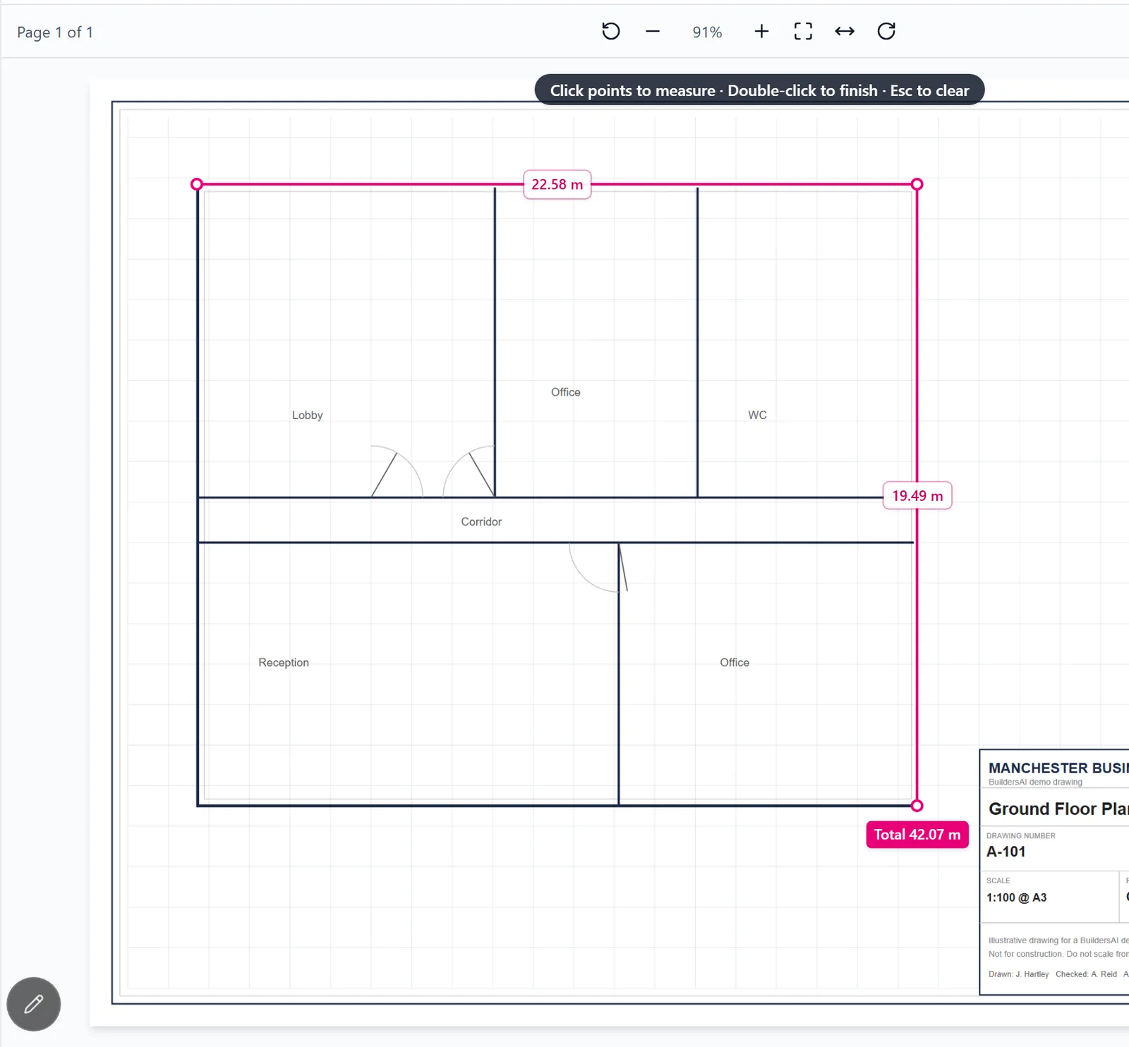 A ground floor plan open in the BuildersAI drawing viewer in a browser, with a pink measuring line run along the north wall and down the east wall of the building, each length written beside it, 22.58 m and 19.49 m, and a pink Total 42.07 m label at the corner. Above it, the viewer toolbar at 91% with its Fit page and Fit width buttons.