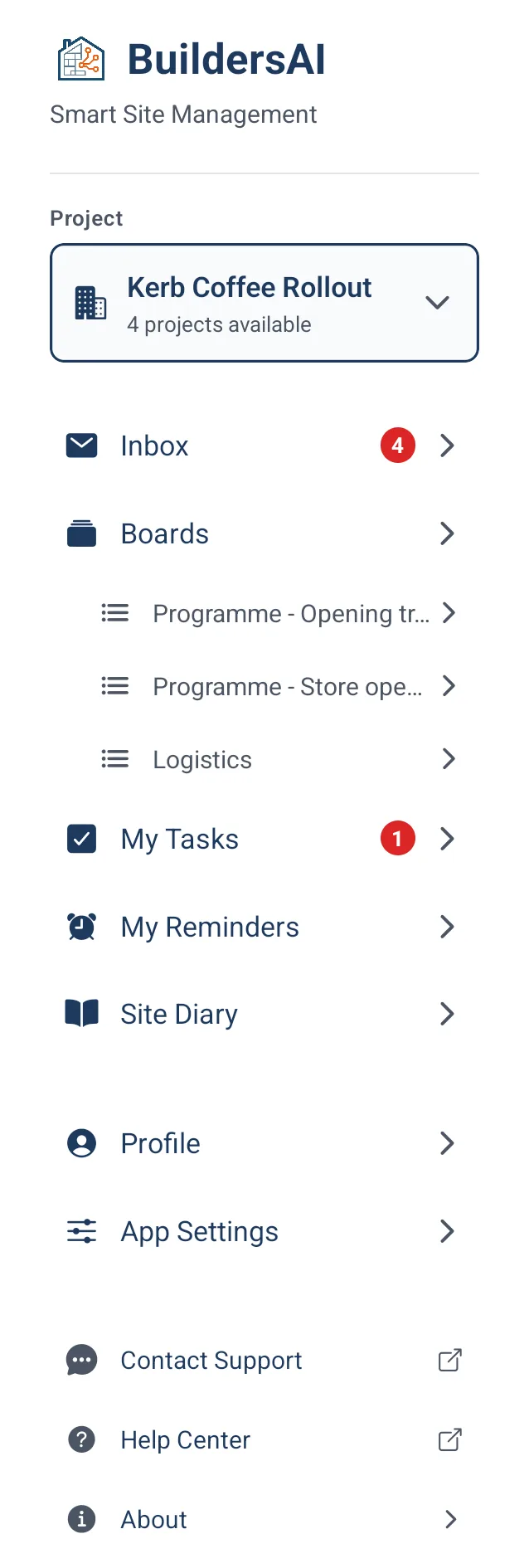 The mobile side menu open, showing the current project name at the top with a chevron for switching project, then Notifications with an unread count, Boards with its pinned views listed underneath, My Tasks, My Reminders, Site Diary, Profile, App Settings, Contact Support, Help Center and About.
