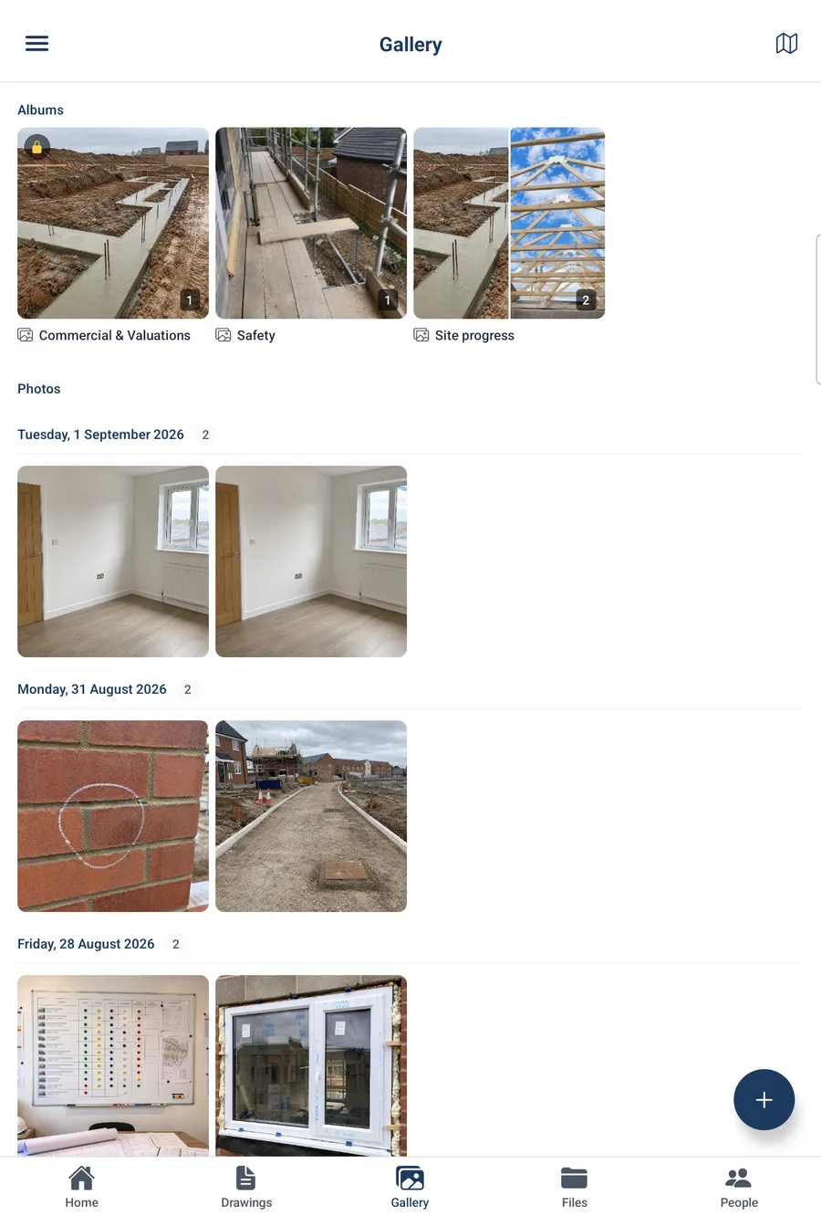The BuildersAI phone app on the Gallery screen, with three albums across the top, site photographs grouped under date headings, the three line menu icon in the top left, a round plus button in the bottom right, and the five icon bottom bar of Home, Drawings, Gallery, Files and People.