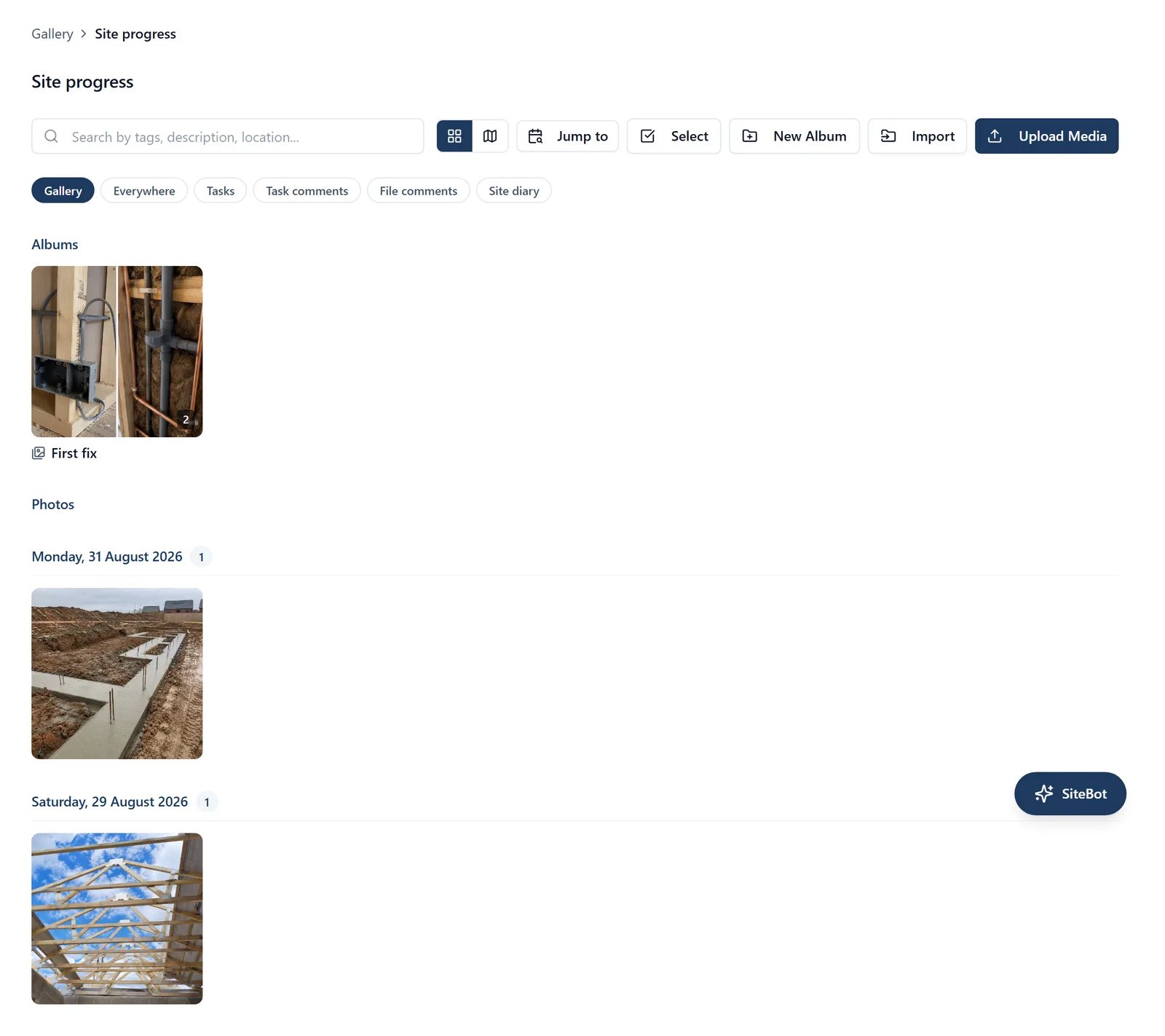 An open photo album titled Site progress, with a trail across the top reading Gallery then Site progress, one album card named First fix nested inside it showing a two photo cover with a count of 2 in its corner, and the album's own photos grouped under date headings below.