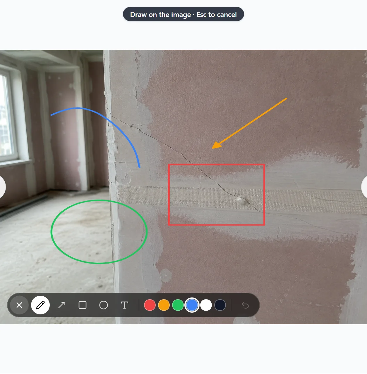 A site photo of a cracked wall joint carrying a blue freehand line, an orange arrow, a red rectangle and a green ellipse, with the markup toolbar open across the bottom of the image offering a close button, freehand, arrow, rectangle, ellipse and text tools, six colour swatches and undo, under a banner reading Draw on the image, Esc to cancel.