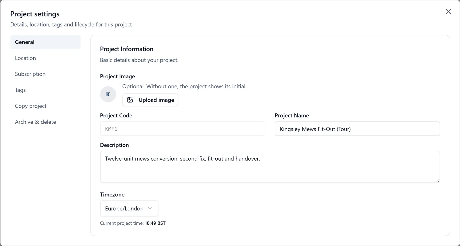 The Project settings window with General selected, showing the section list (General, Location, Subscription, Tags, Copy project, Archive & delete) beside fields for project image, project code, project name, description and timezone.