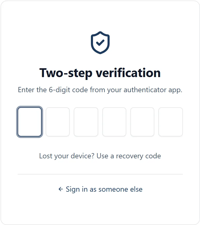 The Two-step verification card at sign-in, with six empty digit boxes, a "Lost your device? Use a recovery code" link beneath them and "Sign in as someone else" at the foot.