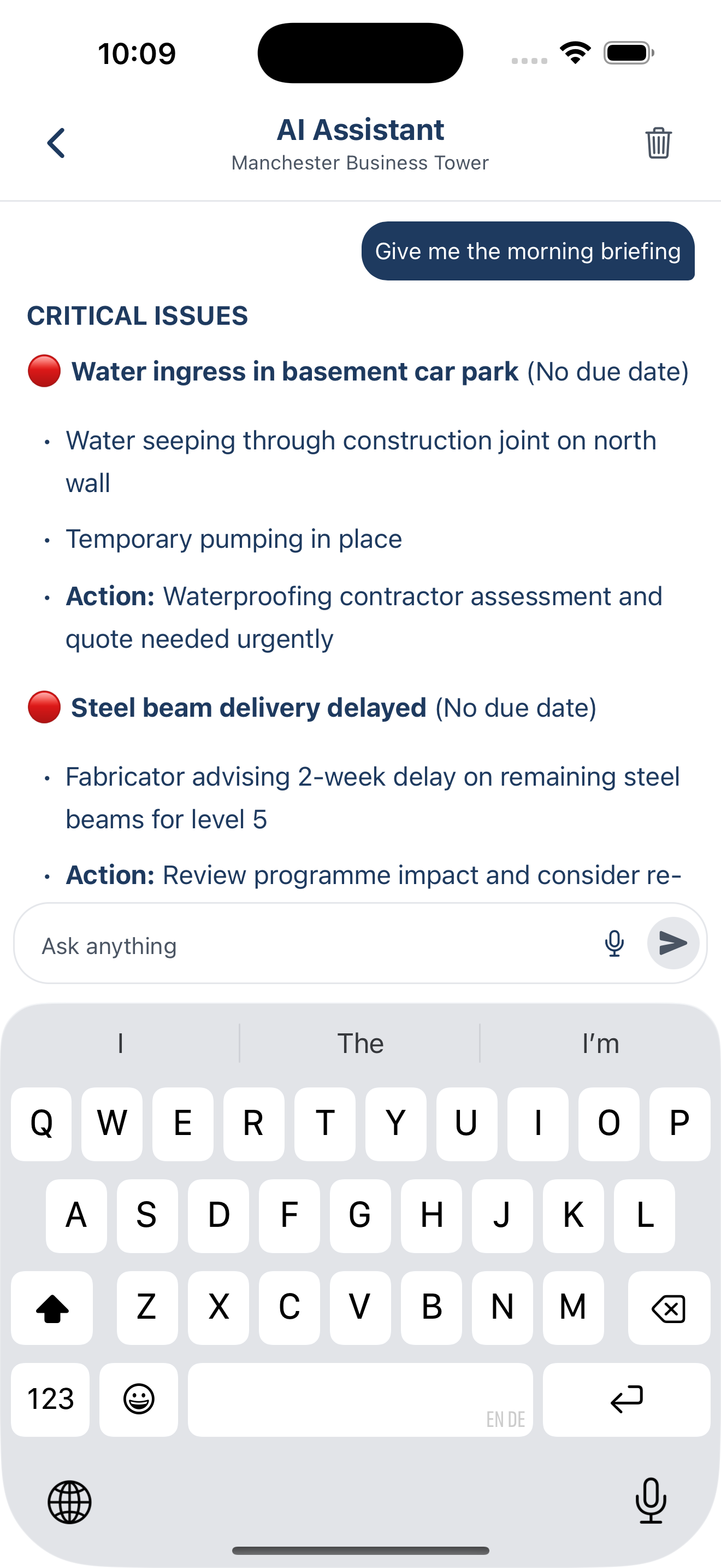 BuildersAI AI assistant answering a site question about drawings on a phone