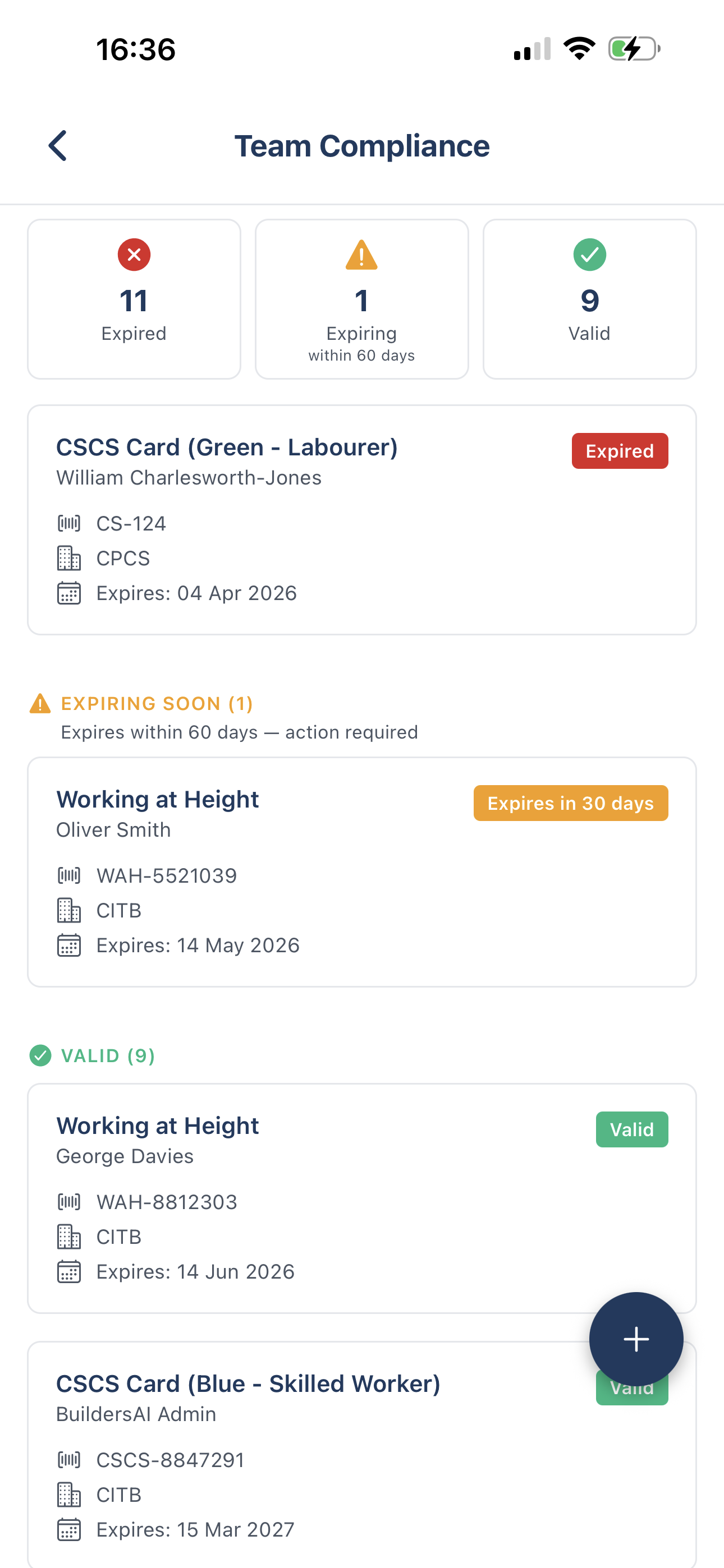 BuildersAI compliance tracking screen